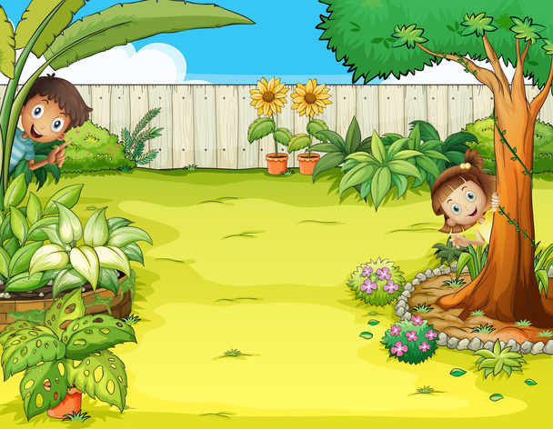 Хлопчик і дівчинка ховаються в саду
 - Вектор, зображення