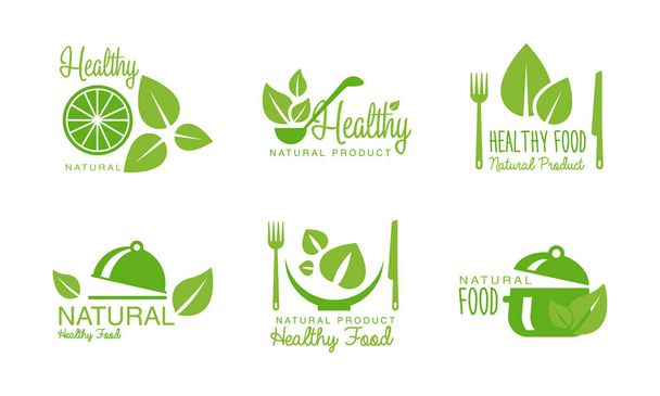 Healthy natural product logos set, green labels, badges for eco, organic, vegan, raw, healthy food vector Illustration on a white background - Vector, Image