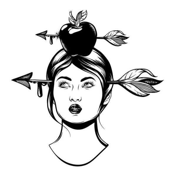 Векторна рука намальована ілюстрація жінки зі стрілою в її голові ізольовано. Креативне мистецтво татуювання. Шаблон для картки, плаката, банера, друку футболки, шпильки, значка, патч
. - Вектор, зображення