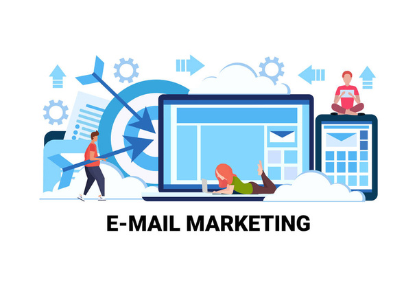 people using online device e-marketing advertising campaign email marketing concept newsletter subscription flat teamwork strategy horizontal vector illustration - Διάνυσμα, εικόνα