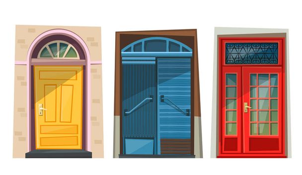 Χαριτωμένα κινούμενα σχέδια χρωματιστές πόρτες. Εικονογράφηση διάνυσμα. Εργολάβος οικοδομών - Διάνυσμα, εικόνα