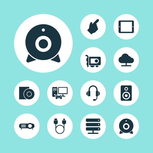 Gadget icons set with disc, server, joystick and other palmtop elements. Isolated vector illustration gadget icons. - Vector, Image