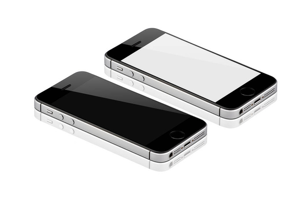 Apilado Black Mobile aislado con reflexión sobre fondo blanco contra pantalla en blanco y negro para maqueta. Mostrando aplicaciones en la pantalla. Tecnología móvil conecta
. - Foto, Imagen