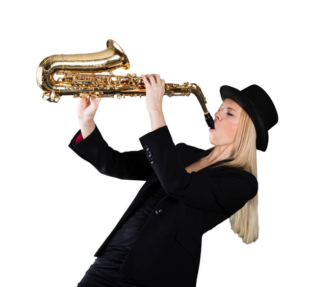 Young Woman Playing Saxophone On White Background - Фото, зображення