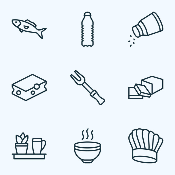 Cuire icônes style ligne sertie de beurre, fourchette barbecue, sel et autres éléments de poivre. Illustration isolée cuisinier icônes
. - Photo, image