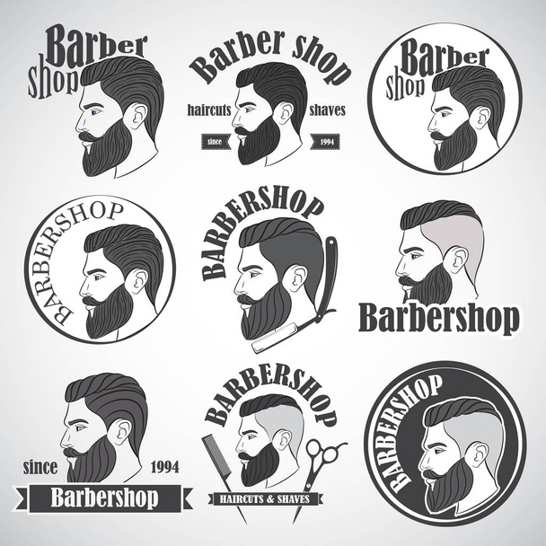 Set of vintage barber shop emblems, label, badges and designed elements. Man with beard, hipster. Vector illustration - Vektori, kuva