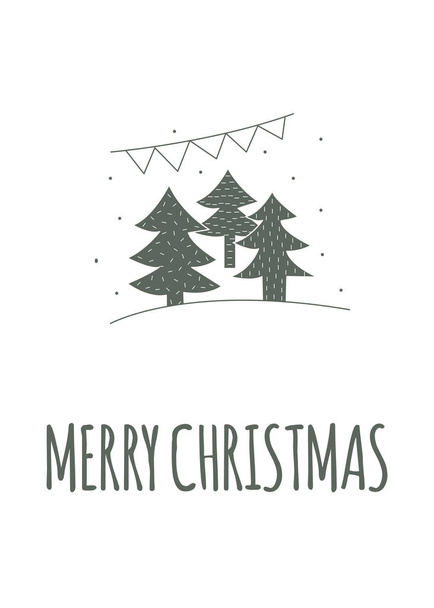 Hand drawn Christmas card, banner, flyer. New year background, minimalism style. Christmas tree, forest, snowflakes. Vector template for greeting card, invitation - ベクター画像