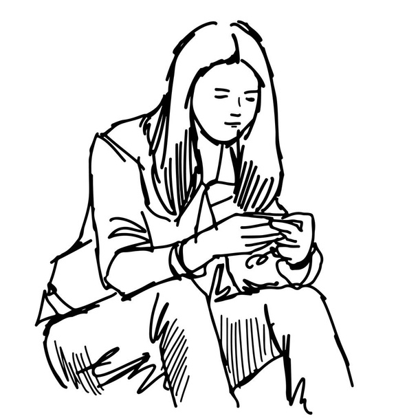 handgezeichnete Teenager-Mädchen sitzen und spielen Smartphone isoliert auf weißem Hintergrund - Vektor, Bild