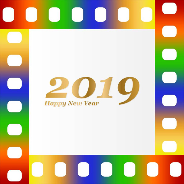 Saludos de año nuevo para 2019 con película en blanco de colores y ventana fotográfica con inscripción dorada Feliz año nuevo y número 2019 sobre un fondo de tiras de película en color
  - Vector, Imagen