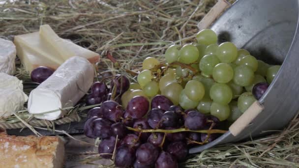 french cheeses with bunches of red and white grapes on straw - Footage, Video