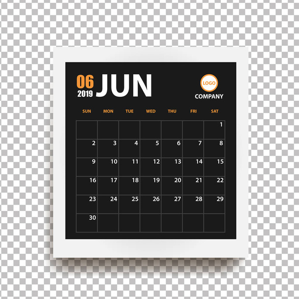 Juni 2019 kalender in realistische fotolijst met schaduw geïsoleerd op transparante achtergrond. Evenement planner. Alle grootte. Vectorillustratie - Vector, afbeelding