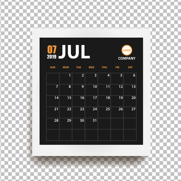 Juli 2019 kalender in realistische fotolijst met schaduw geïsoleerd op transparante achtergrond. Evenement planner. Alle grootte. Vectorillustratie - Vector, afbeelding