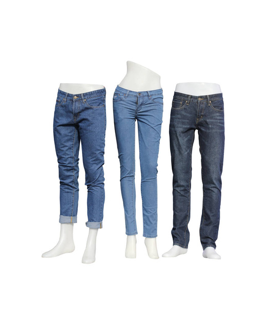Schaufensterpuppe Set von Blue Jeans isoliert auf weißem Hintergrund und haben Clipping-Pfade-Funktion für einfach zu bedienendes Design. - Foto, Bild