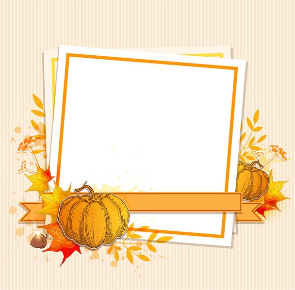 Autumn vintage vector background with orange pumpkins, maple leaves and white sheet of paper. Floral frame for seasonal fall sale.  - Vecteur, image