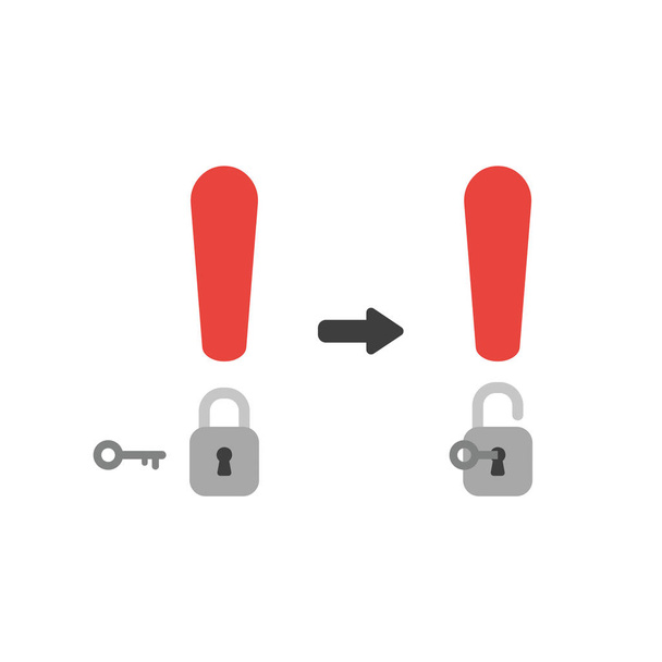 Conceito de ícone de ilustração vetorial de ponto de exclamação com cadeado e chave de desbloqueio
. - Vetor, Imagem