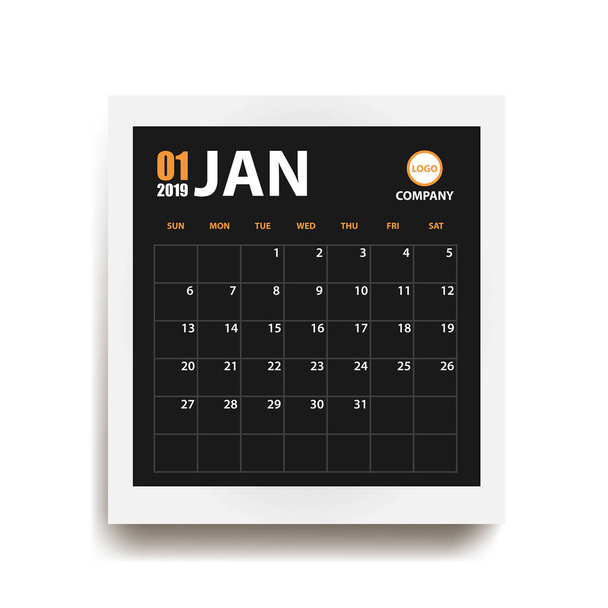 Januari 2019 kalender in realistische fotolijst met schaduw geïsoleerd. Evenement planner. Alle grootte. Vectorillustratie - Vector, afbeelding