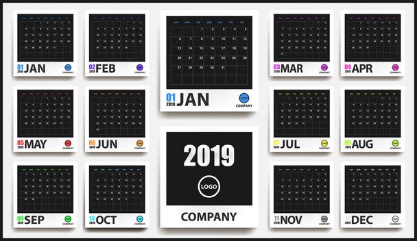2019 gekleurde kalender mockup in realistische fotolijst met schaduw geïsoleerd. Evenement planner. Alle grootte. Vectorillustratie - Vector, afbeelding
