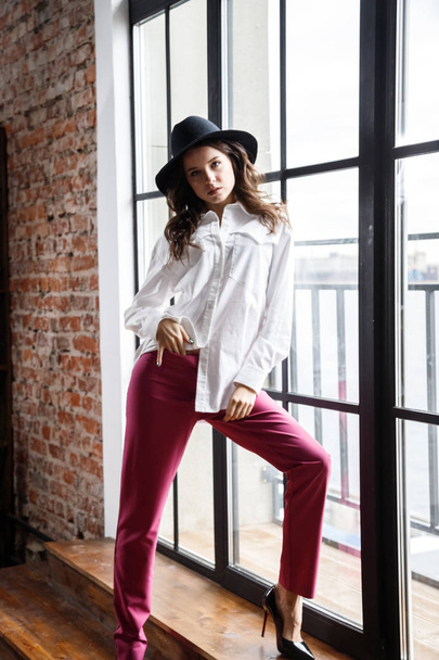 Fashion portrait of beauty brunette model wearing white shirt and pink pants. Young beautiful woman posing in luxury apartments interior - Foto, immagini