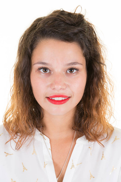 pretty curly woman face in white background - Foto, afbeelding