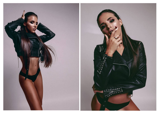 Sexy stylish brunette in the leather jacket and underware posing in the studio, shooting, fashion, tanned skin, slim body, makeup, long hair - Foto, immagini