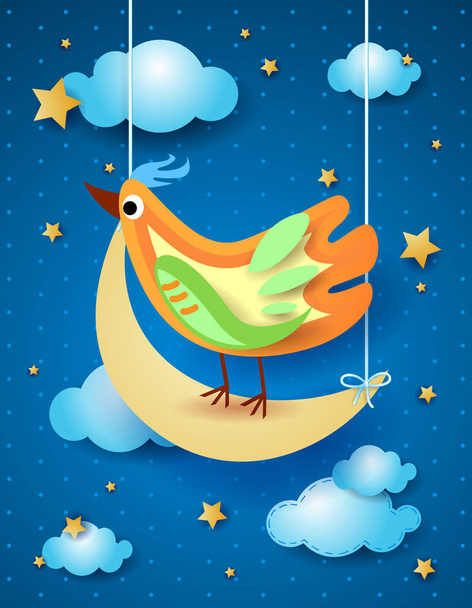 Σουρεαλιστικό νύχτα με μισό φεγγάρι και πουλί, εικονογράφηση διάνυσμα  - Διάνυσμα, εικόνα