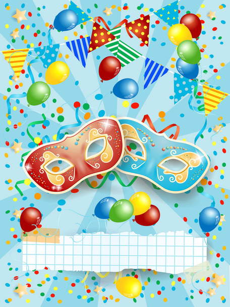 Fondo de fiesta con máscaras de carnaval y pancarta con globos y festón. Ilustración vectorial
  - Vector, imagen