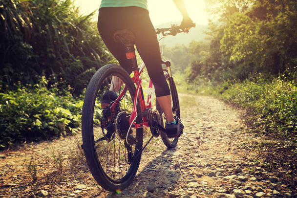Woman cyclist riding mountain bike on rocky trail at sunny day - Foto, Imagen