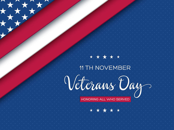 Veterans Day greeting card. 3d layered effect of american flag with greeting text on dotted background. Vector illustration. - Vector, Image
