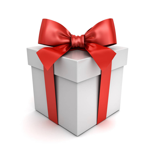 Подарочная коробка или коробка подарков с красным бантом ленты изолированы на белом фоне с тенью 3D рендеринга
 - Фото, изображение