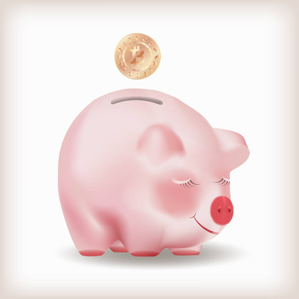 Bitcoin-Goldmünze fällt in ein Sparschwein. konzeptionelle realistische Vektordarstellung isoliert auf weißem Hintergrund. - Vektor, Bild