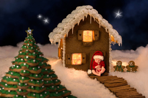 Image composite d'un nouveau-né devant une maison de pain d'épice de Noël dans un paysage enneigé
 - Photo, image