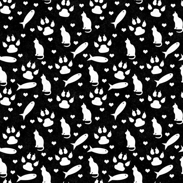 Černá a bílá kočka, stopy, ryby a srdce bezešvé a opakujeme vzor pozadí s texturou - Fotografie, Obrázek
