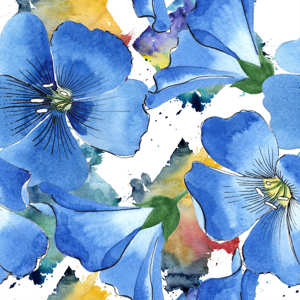 Watercolor blue flax flower. Floral botanical flower. Seamless background pattern. Fabric wallpaper print texture. Aquarelle wildflower for background, texture, wrapper pattern, frame or border. - Фото, изображение