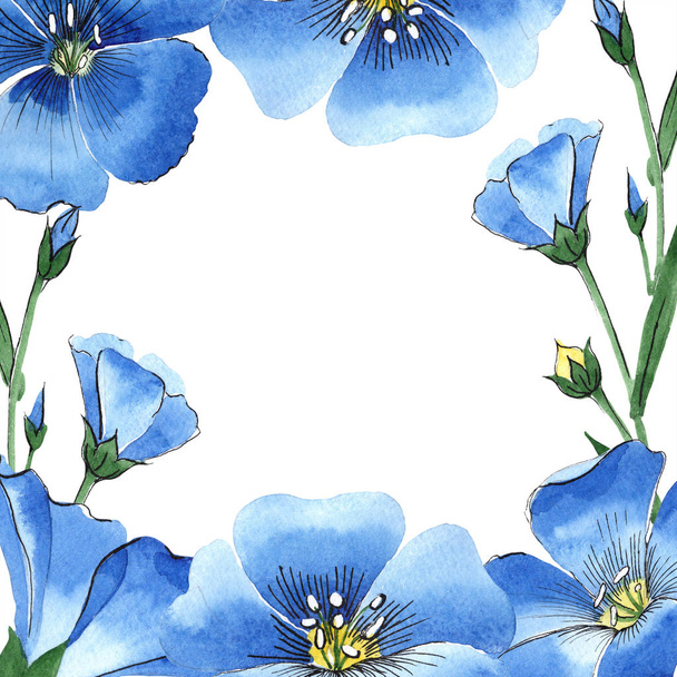 Aquarel blauwe vlas bloem. Floral botanische bloem. Frame grens ornament vierkant. Aquarelle wildflower voor achtergrond, textuur, wrapper patroon, frame of rand. - Foto, afbeelding