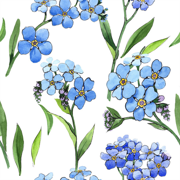 Akvarell kék Nefelejcs virág. Virágos botanikai virág. Varratmentes háttérben minta. Szövet nyomtatási textúrát. Az Aquarelle vadvirág, a háttér, a textúra, a burkoló minta, a keret. - Fotó, kép