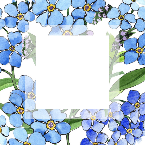 Vesiväri sininen unohda-minua-ei kukka. Kukka kasvitieteellinen kukka. Kehyksen raja koriste neliö. Aquarelle luonnonkukka tausta, rakenne, kääre kuvio, runko tai reunus
. - Valokuva, kuva