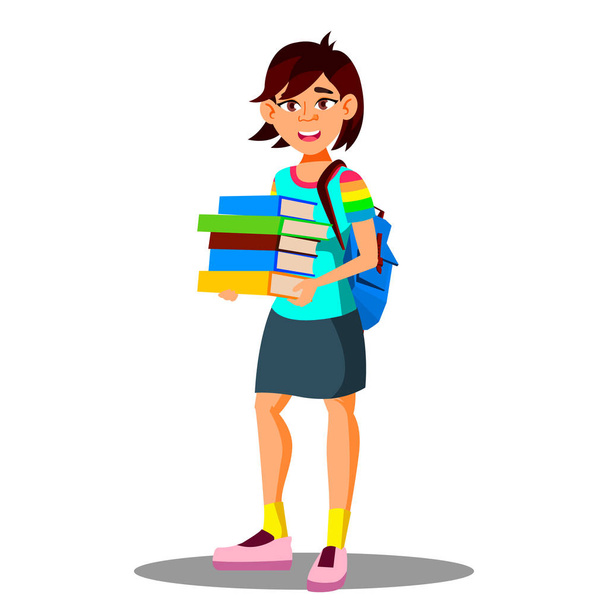 Посміхаючись азіатська дівчина студент тримає книги в руці вектор. Ізольована ілюстрація
 - Вектор, зображення