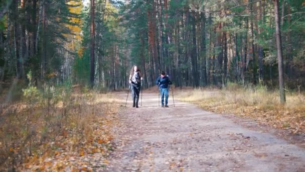 Jonge vrouw en een jongen op Scandinavische lopen in het bos. - Video