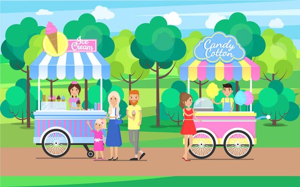 Candy Cotton and Ice Cream Sweet Food Mobile Shops - Vector, Image