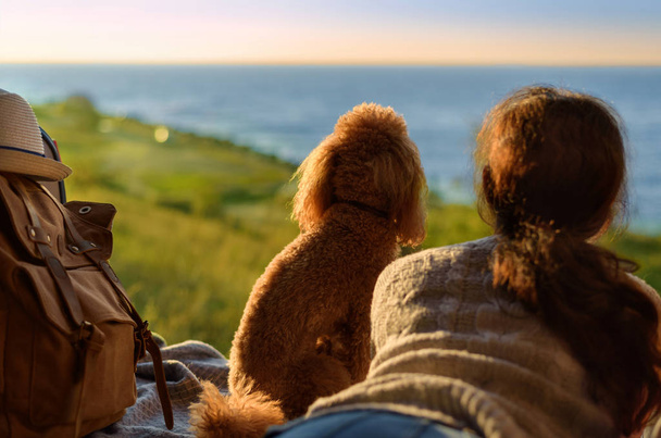 Mulher viajante com cão sentado no porta-malas do carro perto do mar, observando o pôr do sol
. - Foto, Imagem