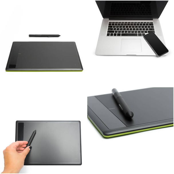 graphic tablet with pen for illustrators and designers, isolated on white background. - 写真・画像