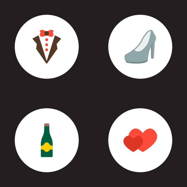 Kalpler, şampanya, Damat takım elbise ve diğer simgeler web mobil app logo tasarımı için düğün simgeler düz stil sembollerle kümesi. - Vektör, Görsel