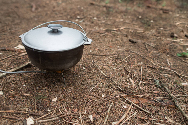 Cooking in a pot on a fire on the shore of the lake. Close-up. Landscape. Background. - Foto, Imagen
