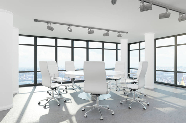 Современный интерьер конференц-зала с мебелью, видом на город и дневным светом. 3D рендеринг
  - Фото, изображение