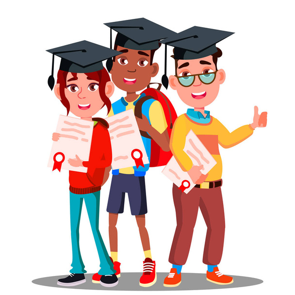 Multinational Group Of Students In Graduation Caps And With Diplomas In Hands Vector. Isolated Illustration - Vector, Image
