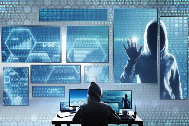 Hacking and theft concept. Hacker using abstract laptop with binary code digital interface. Double exposure  - Photo, Image