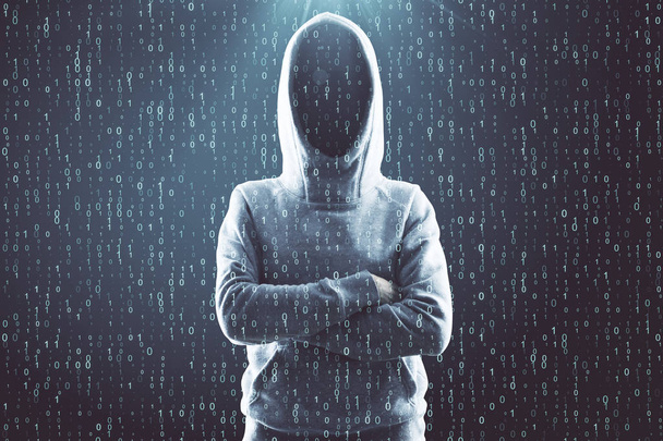 Phishing and hacking concept. Hacker on abstract grey binary code background. Double exposure  - Foto, Bild