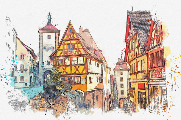 Szkic akwarela czy ilustracja pięknej ulicy w Rothenburg ob der Tauber, w Niemczech - Zdjęcie, obraz
