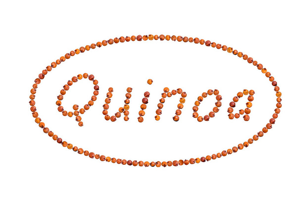 Word kırmızı ile yazılmış Quinoa bir elips şeklinde çerçeve içinde tohum ve beyaz arka plan üzerinde izole - Fotoğraf, Görsel