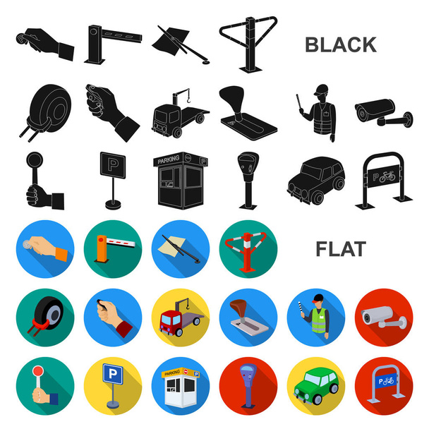 Parkeren voor auto's plat pictogrammen in set collectie voor design. Apparatuur en service vector symbool voorraad illustratie van het web. - Vector, afbeelding